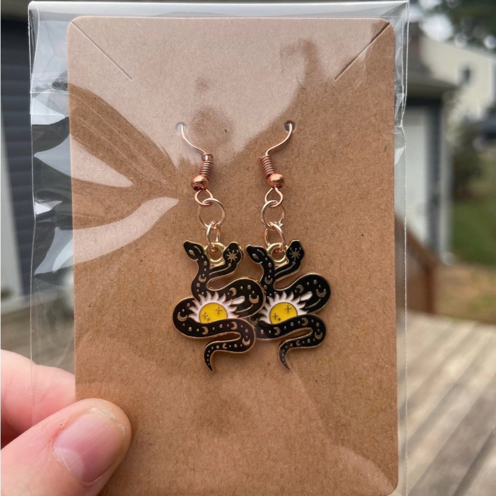Hand-pieced Snake and Sun Earrings